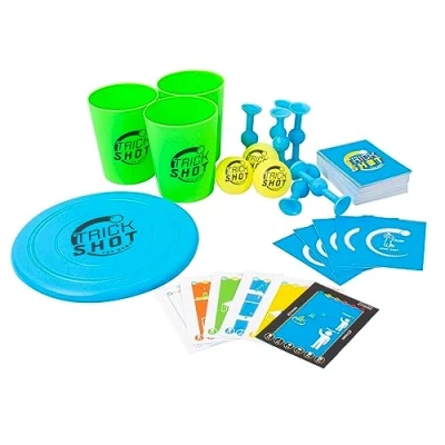 Image of Fizz Creations Trick Shot the Game. Includes All You Need to Practice Perfect Shot! Stacking Cups, Ping Pong Balls, Sticky Darts, Throwing Disc &amp; Challenge Cards.