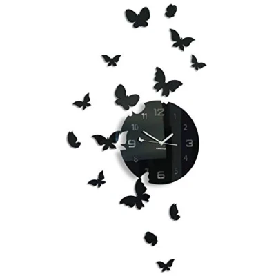 Image of FLEXISTYLE modern wall clock Butterflies black acrylic glass high gloss surface silent non ticking for kitchen office living room bedroom