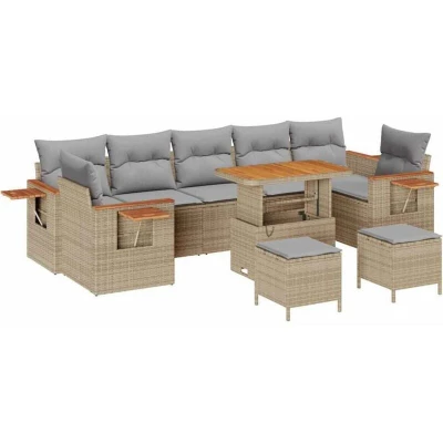 Image of vidaXL 10 Piece Garden Sofa Set with Cushions Beige Poly Rattan Acacia