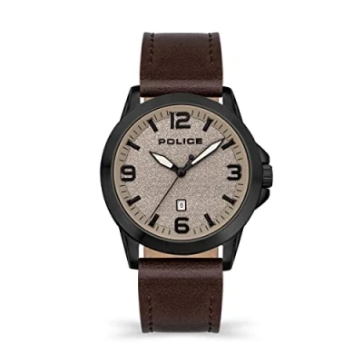 Image of Police Cliff Mens Watch with Beige Sandblast Dial and Dark Brown Leather Strap, 47mm Stainless Steel Case in Branded Box PEWJB2194501 2 Year Warranty