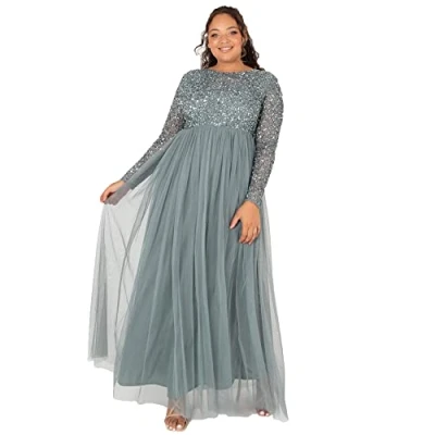 Image of Maya Deluxe Women&#039;s Embellished Long Sleeve Maxi Dress Bridesmaid Formal, Misty Green, 10