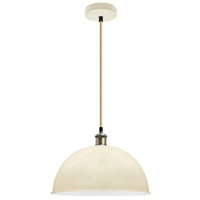 Image of Large Vintage Retro Ceiling Pendant Hanging Dome Light Shade Metal Cream Finish Antique Brass Industrial Lamp Holder M0093