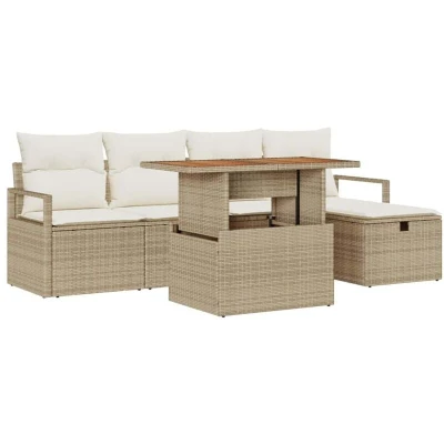 Image of vidaXL 6 Piece Garden Sofa Set with Cushions Beige Poly Rattan