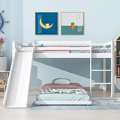 Image of Merax Bunk Bed, Children&#039;s Cabin Bed with Adjustable Lower Beds for Kids Ladder and Slide, Mid Sleeper Kids, Wood Loft No Mattresses (White, 190x90cm+200x90cm)