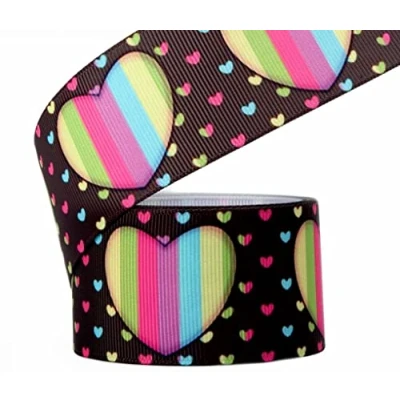 Image of Grosgrain Ribbon Black Rainbow Hearts 2 Metres Length x 25 Millimetres Width. Birthday Cake, Hair Bows, Crafts by Twinkle Star Baby