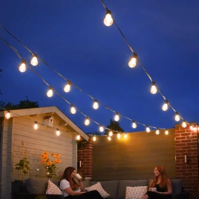 Image of Festive Lights ConnectPro® Outdoor Mains Powered Connectable Festoon IP65 Black Rubber Cable, Warm White A60 Filament Bulbs LED Garden Wedding Christmas Decorative Lighting (No Plug, 25m)