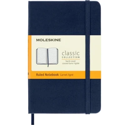 Image of Moleskine Classic Ruled Paper Notebook, Hard Cover and Elastic Closure Journal, Color Sapphire Blue, Size Pocket 9 x 14 cm, 240 Pages