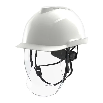 Image of MSA V Gard 950 Safety Helmet with Fas Trac III Harness and Integrated Visor, White