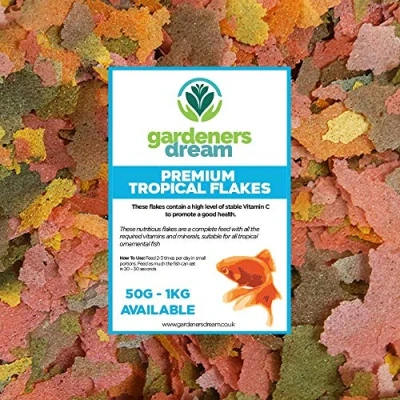 Image of GardenersDream Tropical Flakes Premium Grade Aquatic Fish Food Mix Healthy and Nutritious all round Feed for Pond Dwelling Life High Protein, Great Source of Vitamins &amp; Easily Digestible (500g)