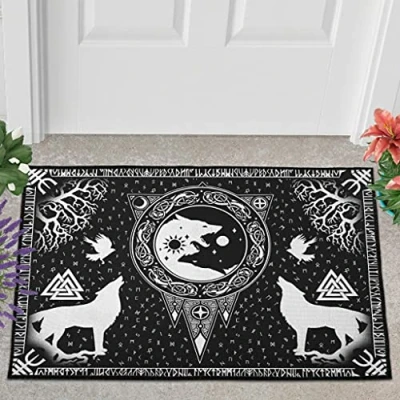 Image of Veryday Viking Wolf Runes Doormat Door Mat Entrance Dirt Trapper for Indoor Use White 50 x 80 cm