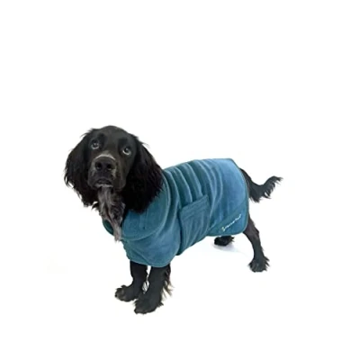 Image of Mountain Paws Dog Drying Robe Microfibre Towel Super Absorbent or Puppy Bathrobe with Adjustable Collar/Hood &amp; Belly Strap Soft Fast, Blue,Medium