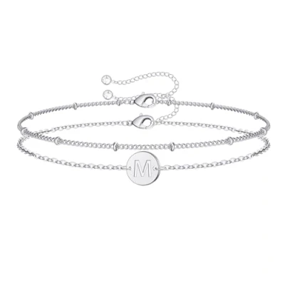 Image of TINGN Charm Bracelet for Women Girls, 14k White Gold Filled Initial Bracelets Silver Dainty Disc Letter F Girls Jewelry Gifts