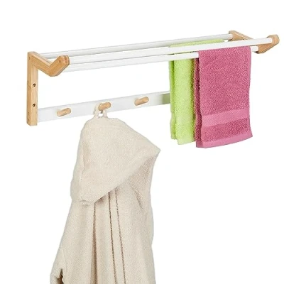 Image of Relaxdays Towel Rail for The Wall, Mounted Bathroom Rack with Hooks &amp; Bars, Bamboo, HxWxD: 22x60x20 cm, Natural/White