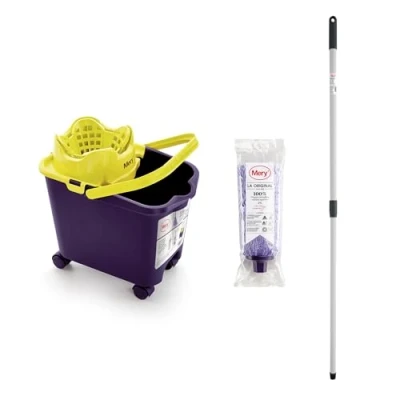 Image of Mery Bucket + Mop Handle Set Automatic Drip Rack with Purple and Lime Wheels 14L Super Absorbent Microfiber Plastic Steel Telescopic Pole