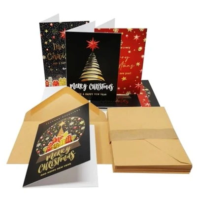 Image of 24 x Gold Christmas Cards Thick Card with Special Finish Recycled Kraft Envelopes