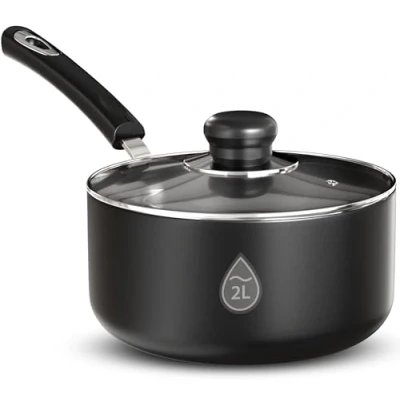 Image of KICHLY 18cm / 2L Nonstick Saucepan with Glass Lid Multipurpose Induction Pot for Home Kitchen or Restaurant Milk Pan, (18cm, 2L, Induction, Black, Pack of 1)