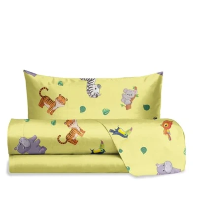 Image of hermet Jolly Jungle Single Bed Sheet Set, 100% Cotton, Top + Fitted Pillowcase, Bedding Set with Nursery Design