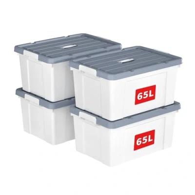 Image of Cetomo 65L*4 Storage Boxes, Carry Plastic Box with Lids, Organizing Container Handle and Secure Latching Buckles, Stackable, Nestable, Tote Bin for Home Office Clothes, 65L 4Pack, White