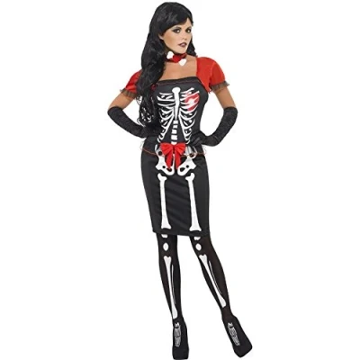 Image of Smiffys Beautiful Bones Costume, Black with Corset, Skirt, Bolero and Choker, Halloween Adult Fancy Dress, Skeleton Dress Up Costumes