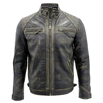 Image of Men&#039;s Vintage Burgundy Leather Retro Jacket Classic Racing Quilted Biker Moto Fashion 2XL
