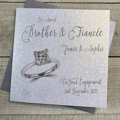 Image of WHITE COTTON CARDS PERSONALISED ENGAGEMENT CARD. ANY RELATION. BROTHER &amp; FIANCÉE. SQUARE PRINCESS CUT RING DESIGN. Handmade (P22 99 BRO XP22 BRO)