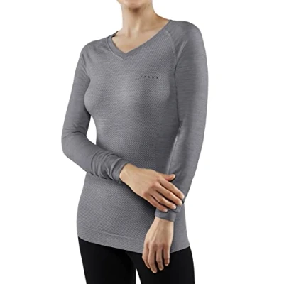 Image of FALKE Women&#039;s Wool Tech Light V Neck W L/S SH Functional Yarn Quick Dry 1 Piece Base Layer Top, Grey (Grey Heather 3757), S