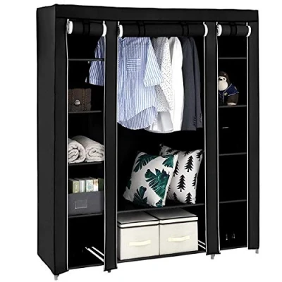 Image of wenyuyu Wardrobe Shelves Portable Clothes Closet Storage Organizer, Non Woven Fabric Cover for Bedroom, Department,Living Room, Easy Assembly (Black)