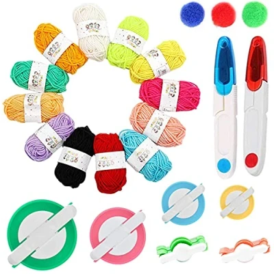 Image of 20 Pack Pom Making Tool Set, 6 Different Sizes Pompom Maker with 12 Colours Yarn, DIY Fluff Balls Knitting Craft Kit Sewing Scissors for Kids and Adult