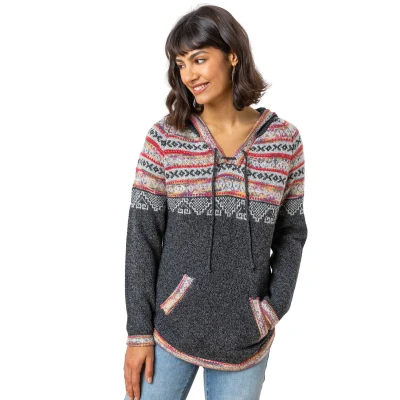 Image of Roman Originals Women Jumper with Hood Ladies Winter Hoodie Pockets Nordic Aztec Print Hooded Sweater Autumn V Neck Soft Festive Flattering Going Out Casual Smart Charcoal Size 18