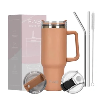 Image of FAB 40oz Tumbler with Straw, 2Lids and Handle Stainless Steel Insulated Cup for Hot &amp; Cold Drinks Double Wall Travel Flask Iced Coffee Mug Beige