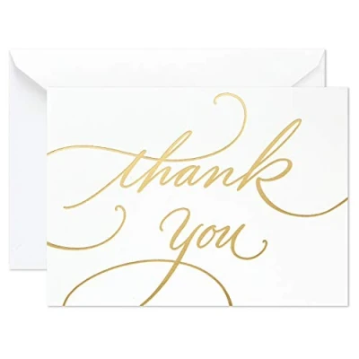 Image of Hallmark Wedding, Baby Shower, Bridal Shower Thank You Cards (Gold Foil Script, 100 Notes and Envelopes),White