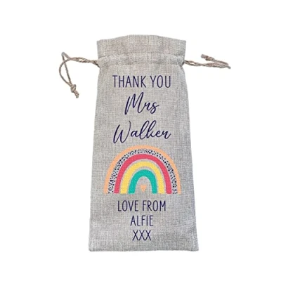 Image of Drifting Ducks Personalised Teacher Rainbow Burlap Style Wine Bottle Bag End of Term Thank You Gift
