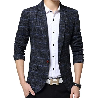 Image of Men&#039;s Blazer Slim Fit Casual One Button Suits Coat Tweed Jacket Checkered (Tag M(UK 36), Navy)