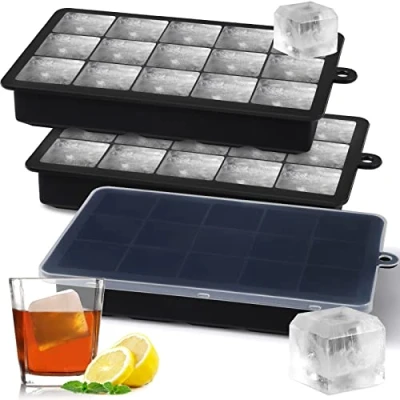Image of Silicone Ice Cube Trays,15 Square Tray with Lid,3 Pack Moulds Set,Ice Molds Silicone,Ice Maker,Large Trays for Freezer Containers,Prefect Whiskey,Easy Release &amp; BPA Free