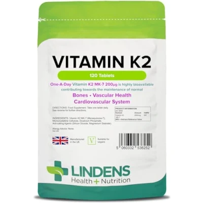 Image of Lindens Vitamin K2 200mcg Tablets 120 Pack Vegan and Vegetarian (not Capsules) Menaquinon MK 7 Supports Maintenance of Normal Bones 267% NRV UK Manufacturer, Letterbox Friendly