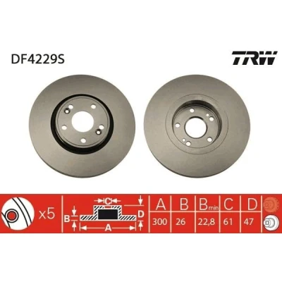 Image of 7701206614, 8200007122 Brake disc TRW DF4229S 300mm 26mm 5 108mm Vented Painted RENAULT: LAGUNA 2