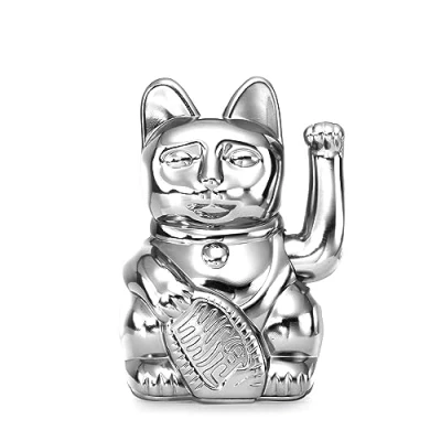 Image of DONKEY Lucky Cat Cosmic Edition Mercury Shiny Silver Waving Cat, Maneki Neko, 15 cm, in Gift Box