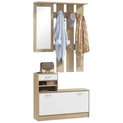 Image of HOMCOM Hallway Furniture Set with Shoe Storage Cabinet and 6 Hooks Coat Rack, Unit Mirror, Drawer Adjustable Shelf, Natural Wood Finish