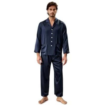 Image of LilySilk 22 Momme Long Silk Pyjamas Set for Men Full Length 100% Mulberry Sleepwear Button Down Pjs Navy Blue Size 40/L