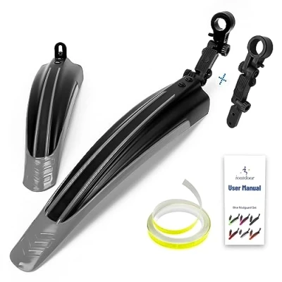 Image of ioutdoor Bike Mudguard Set with 27ft DIY Reflective Tape, Fenders Adjustable,Bicycle Front and Rear Mud Guard Fits for 20&quot;,22&quot;,24&quot;,26&quot;,27&quot;,28&quot; MTB Mountain Road Cycling (Black Grey)