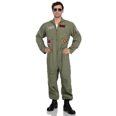 Image of Leg Avenue TG8370204143 Top Gun Flight Suit Costume Adult Sized, AdultMale, Solid, Khaki/Green, XL