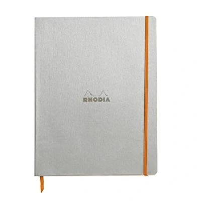 Image of RHODIA 117701C Silver Flexible Notebook A4+ Lined 160 Detachable Pages Ivory Clairefontaine Paper 90 g/m Bookmark, Elastic Closure Faux Leather Cover Rhodiarama Collection