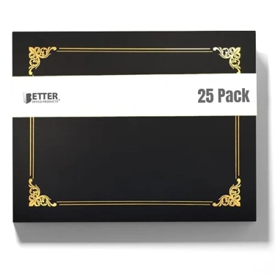 Image of 25 Pack Black Certificate Holders, Diploma Document Covers with Gold Foil Border, by Better Office Products, for Letter Size Paper, Count,