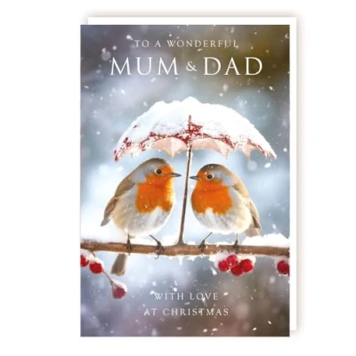 Image of Mum and Dad Christmas Card Wonderful &amp; Robins Under a Snowy Umbrella Festive Design Made in the UK Eco Friendly