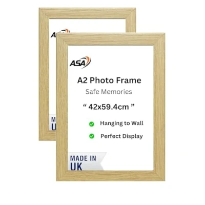 Image of A2 Oak Picture Frame 59.4 x 42cm Wooden Photo Modern Poster Document Frames for Wall Mount, Pack of 2 MDF Portrait or Landscape Certificate (2, Oak)