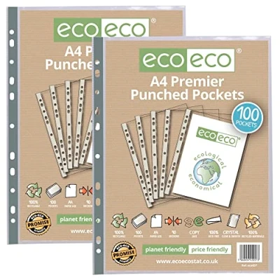 Image of eco A4 100% Recycled Premier Multi Punched Pockets Glass Clear, Transparent Poly Wallet Sheet Protector, 90 Microns (2 Packs of 100), eco057x2