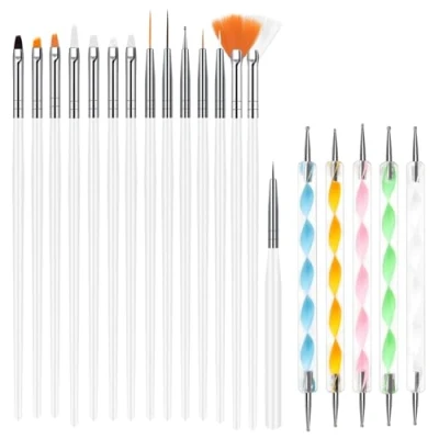 Image of URAQT Nail Art Brushes Set, 15pcs Acrylic Brush Painting Pen and 5pcs Dotting Tools Kit, Kit Designer for Diy &amp; Professional Use, White