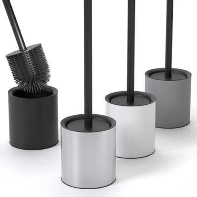 Image of SAVEGA Silicone Stainless Steel Toilet Brush Antibacterial with Stylish Holder Design Splash Guard (Silver)
