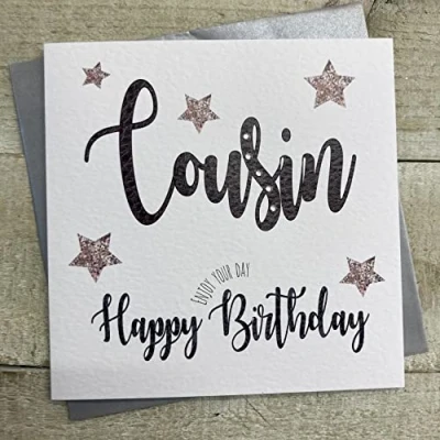 Image of WHITE COTTON CARDS COUSIN BIRTHDAY CARD, LEATHER WORD DESIGN, HANDFINISHED (MT17)