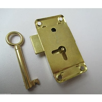 Image of IRONMONGERY WORLD® Vintage Retro Old Style Brass Wardrobe Lock Cupboard Drawer Cabinet Door Catch (63mm/2.5&quot; Large + Key)